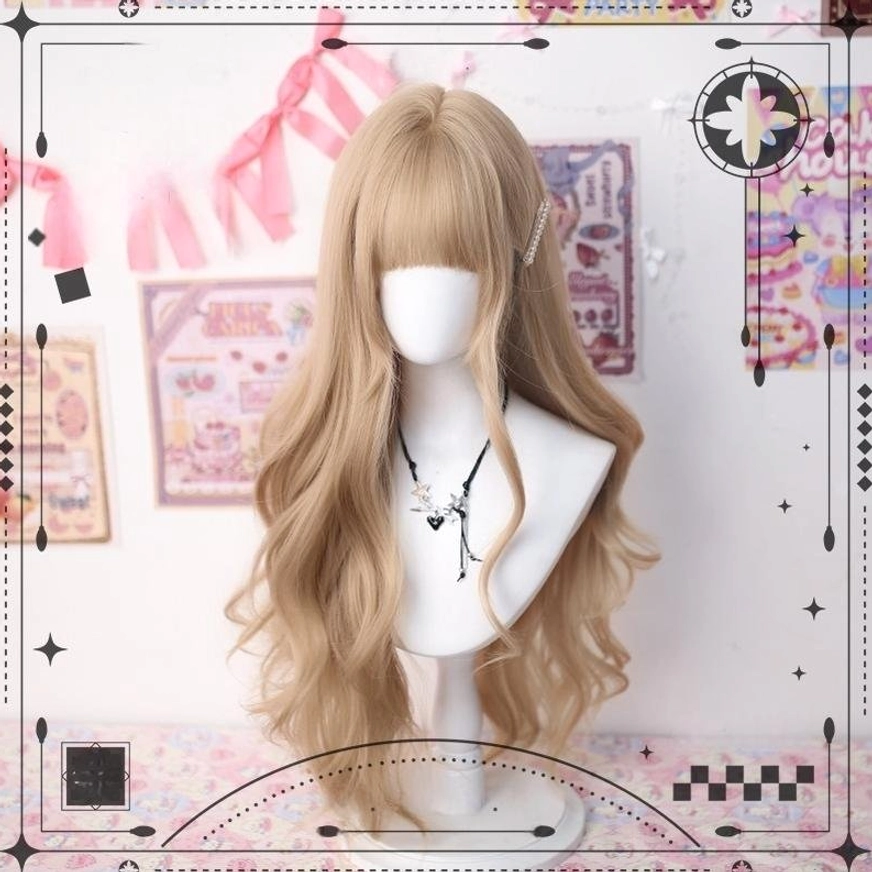 Long wavy lolita wig loose hair style light brown with air bangs and neat texture vintage cafe styling