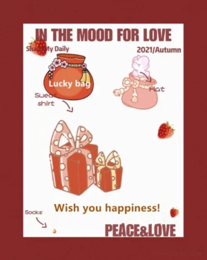 Lolita lucky bag fukubukuro autumn collection promotional illustration featuring sweet lolita accessories hats gift boxes and socks with warm wine red border and retro romantic aesthetic