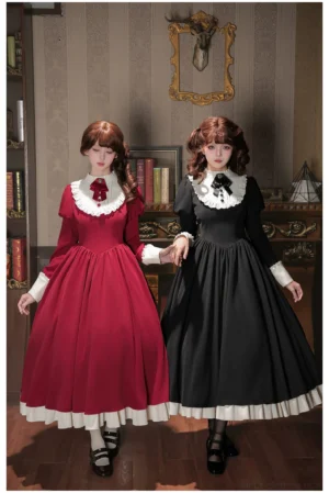 Vintage lolita maid OP dress solid colorway without apron, dual model standing shot highlighting white ruffled Peter Pan collar and A-line silhouette with flutter sleeves