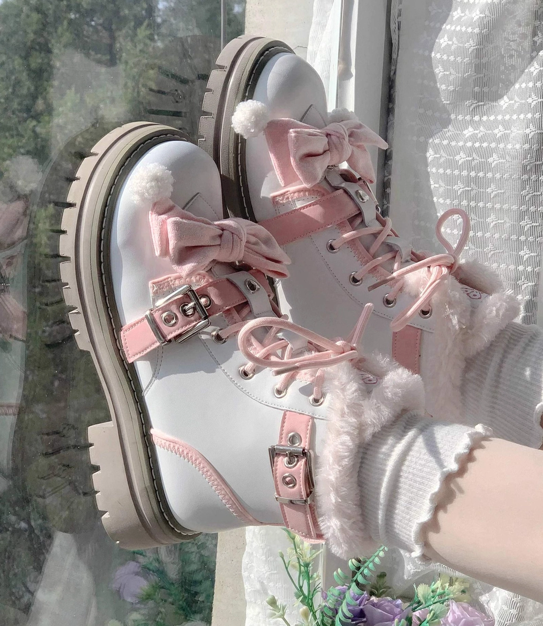 Lolita martin boots detachable bow pom-pom accents removable design versatile styling options