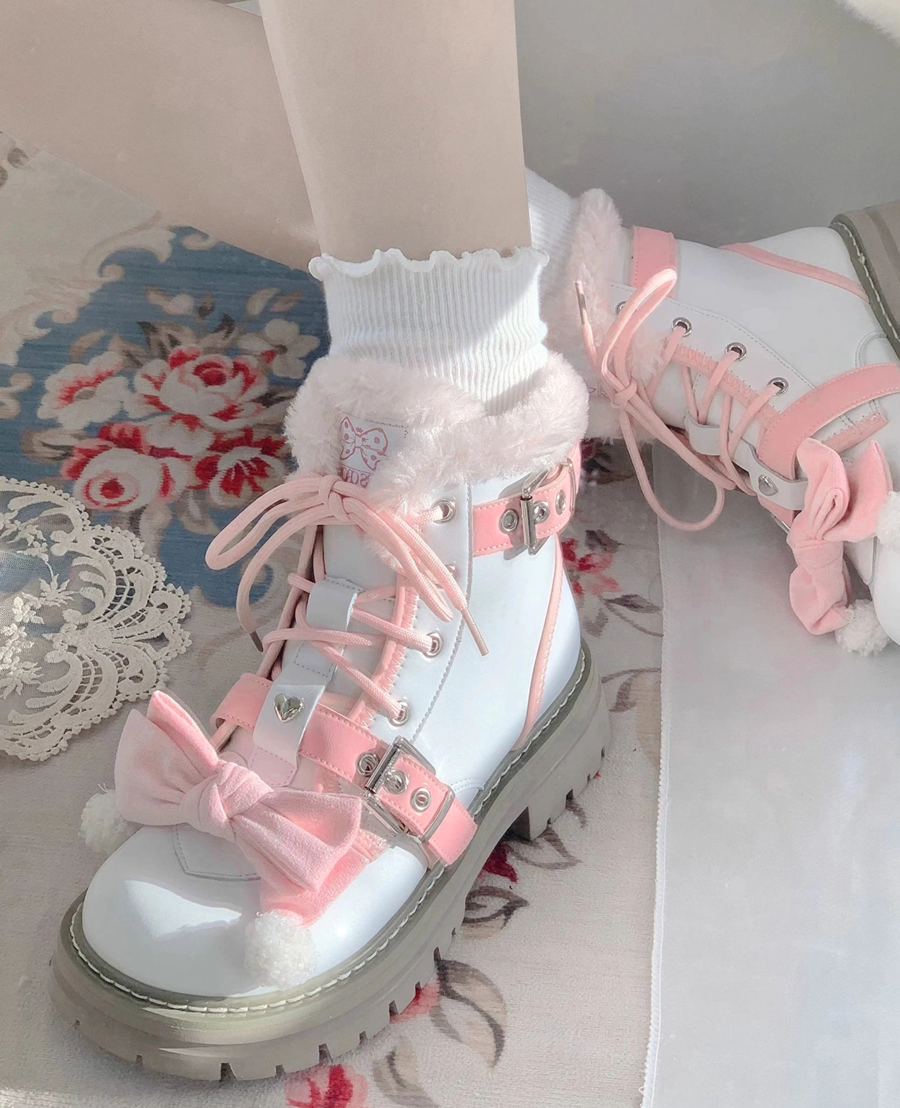 Lolita martin boots pink and white colorway sweet lolita aesthetic pastel palette romantic design
