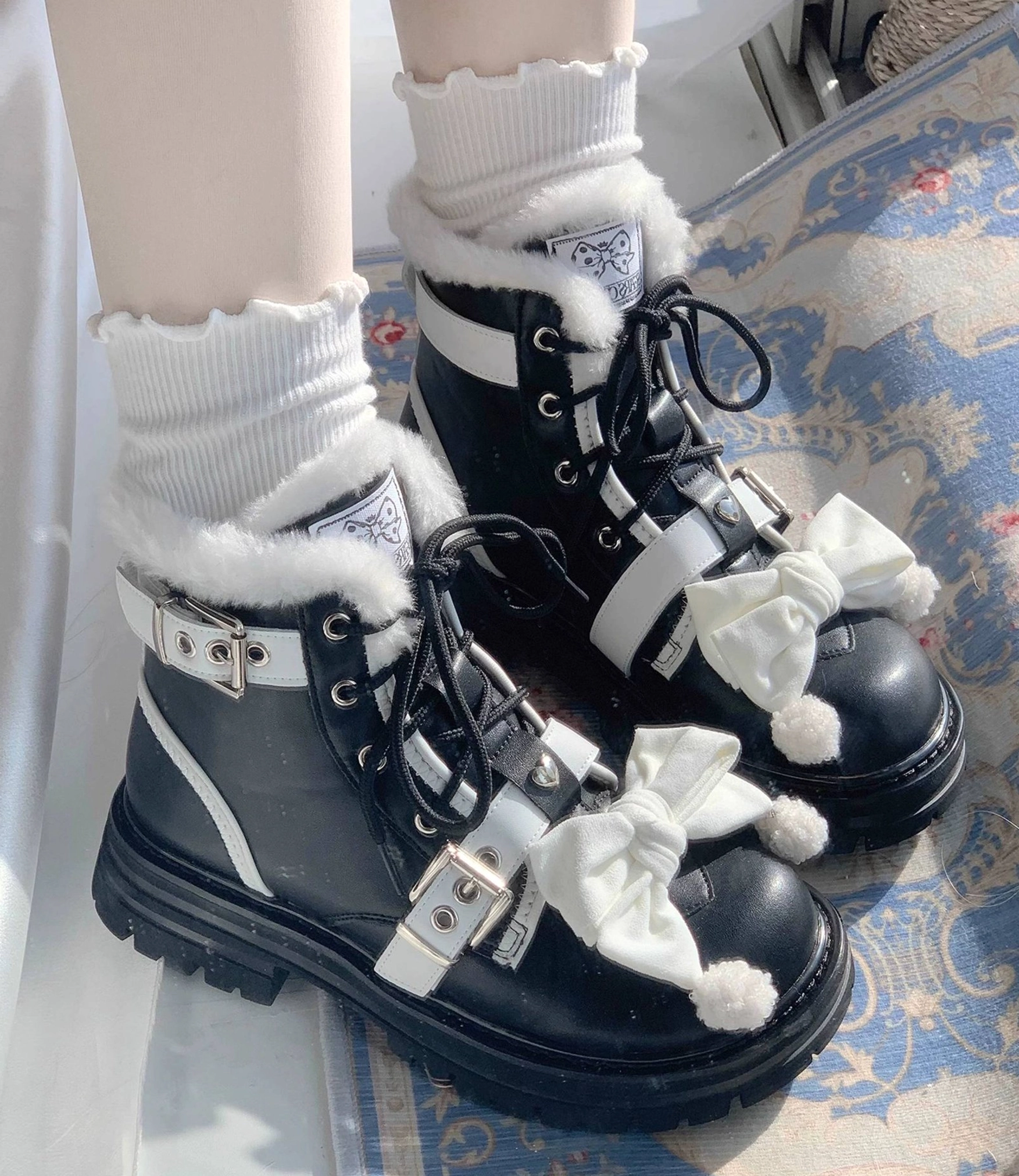 Kawaii lolita combat boots side rear view lace-up silver hardware buckles fuzzy ankle lining frilled white socks