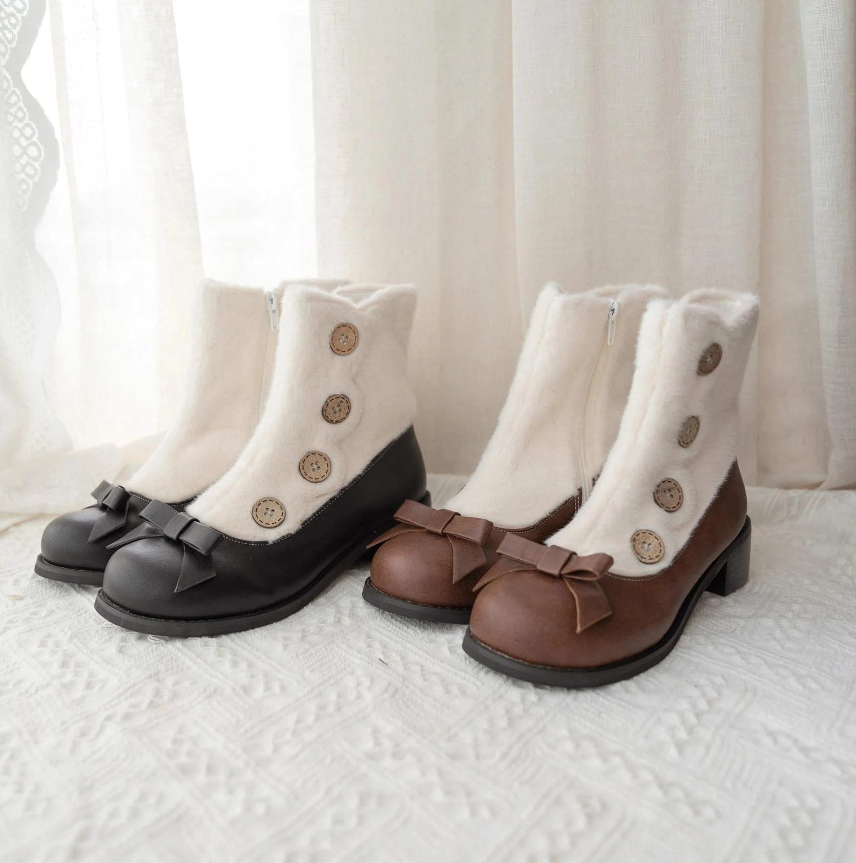 Lolita mary jane ankle boots side angle view with faux fur collar decorative buttons bow vamp and platform low heel on lace backdrop