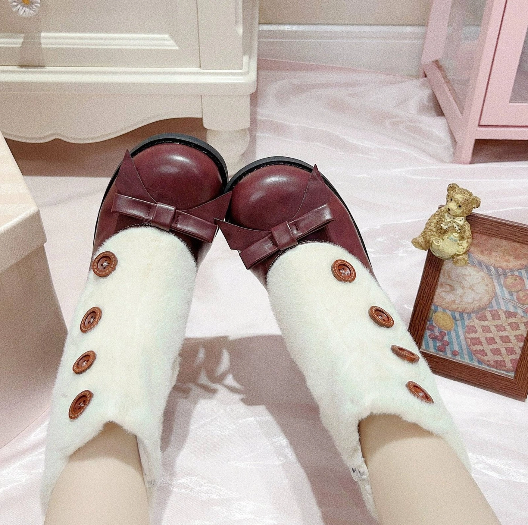 Lolita mary jane boots interior plush lining soft comfort faux fur collar side zipper closure view
