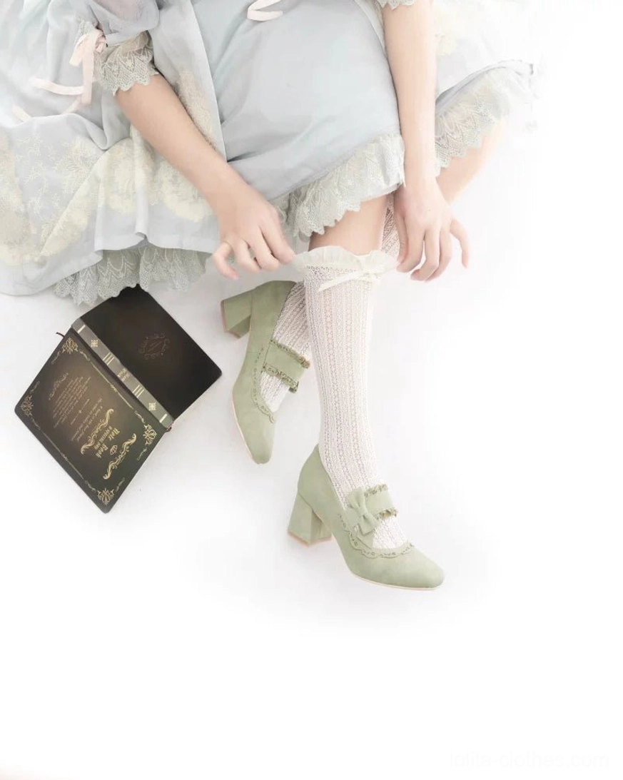 Lolita chunky heel mary jane shoes styled for garden party and tea gathering occasions, full outfit coordination showing shoes with vintage-inspired lolita dress and accessories