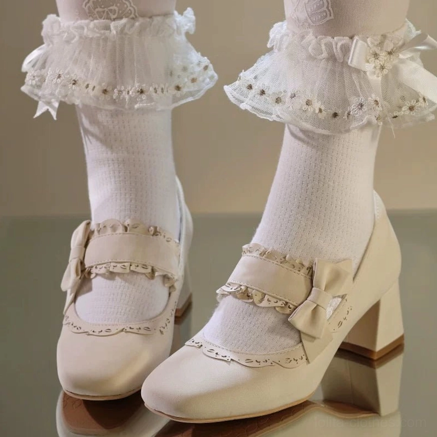 Classic lolita chunky heel mary jane shoes from different angles showing the decorative bow trim ankle strap and block heel height proportions suited for all-day wear and events