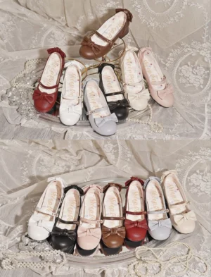 Complete color collection of handcrafted Lolita Mary Jane heels displayed flat lay on vintage lace including pink black white wine red grey blue milk white and brown options