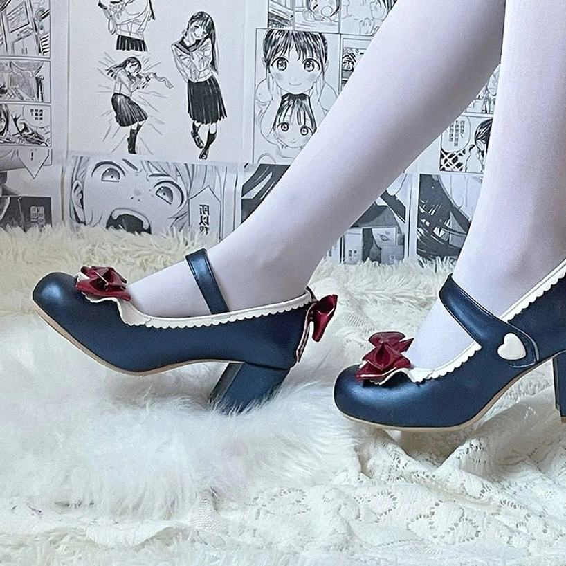 Lolita Mary Jane heels detail of decorative front toe-cap bow and rear heel bow ornament design elements