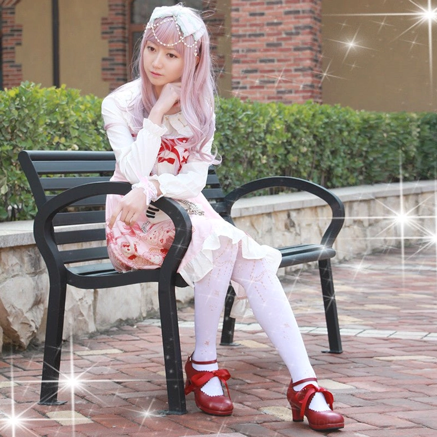 Lolita high heel shoe interior showing soft fine fabric lining designed to prevent snagging delicate leg wear and lace socks worn with authentic lolita fashion coordinates