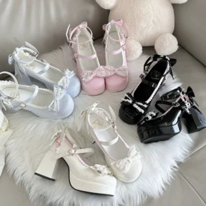 Four-color Lolita Mary Jane high heel shoes with heart-shaped buckles displayed in flat lay on fuzzy plush rug with teddy bear, showing black beige light blue and pink variants with round toe block heels and lace bow decorations