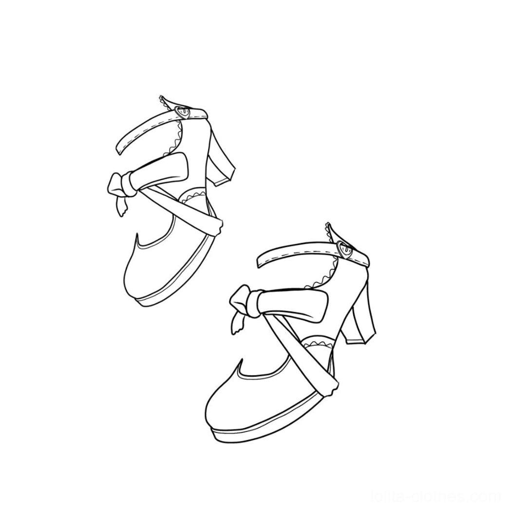 Technical line art illustration of handmade lolita high heel bow strap shoes showing two different views, cross ribbon straps, scalloped collar, ankle buckle, and block heel silhouette design