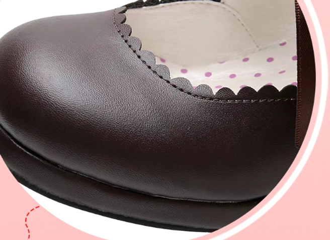 Lolita handmade high heel shoes ankle buckle strap detail showing secure fastening mechanism and decorative metal hardware on Mary Jane silhouette footwear