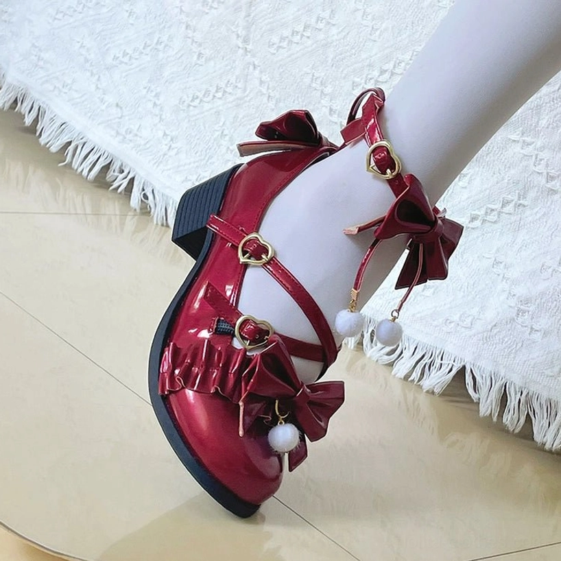 Lolita Mary Jane butterfly bow shoes product display showing insole construction, PU cushioning, and TPR rubber sole durability features for all-day comfort wear