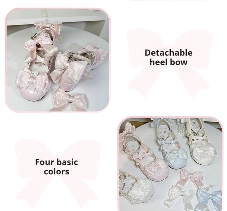Product information promotional poster for sweet Lolita Mary Jane shoes highlighting detachable heel bow feature and four basic color options pink white light blue and cream