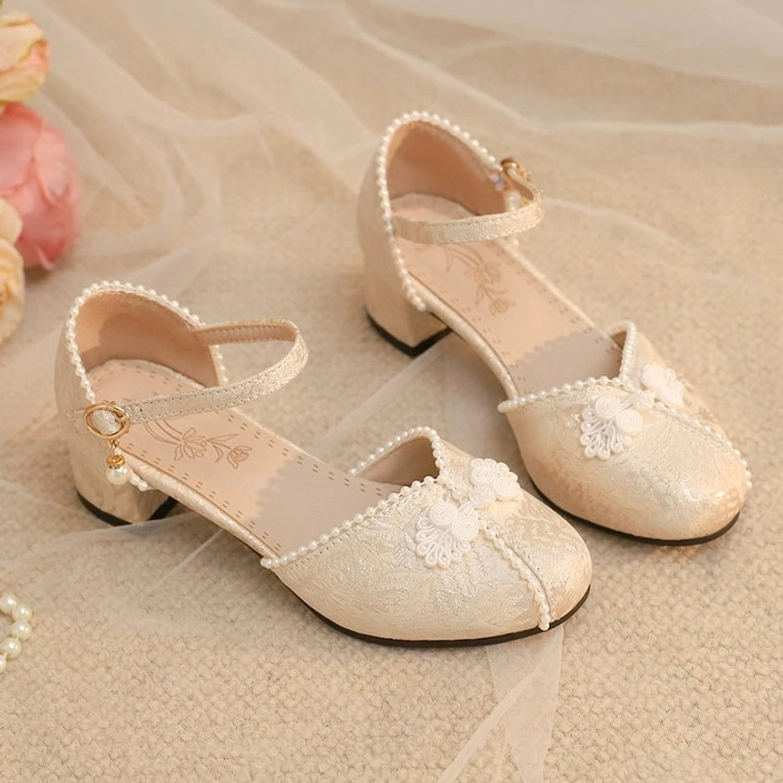 Lolita Mary Jane shoes sky blue chunky heel close-up embroidered toe cap pearl ankle strap aesthetic