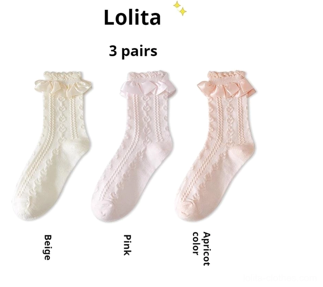 Three-pair Sweet Lolita mid-calf socks collection in beige pink apricot with ruffled cuffs and twisted knit for mixed coordinate styling