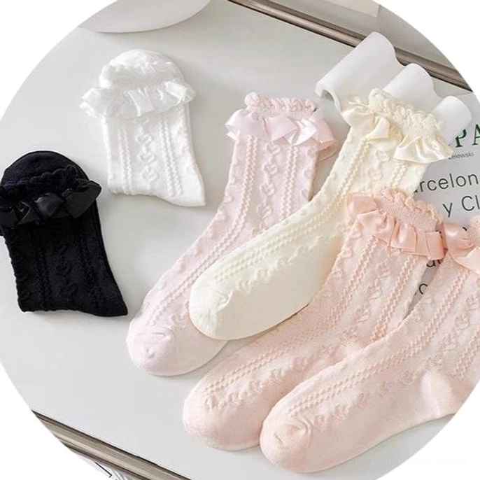 Sweet Lolita mid-calf socks color coordination palette white beige pink apricot black with different JSK and coordinate themes