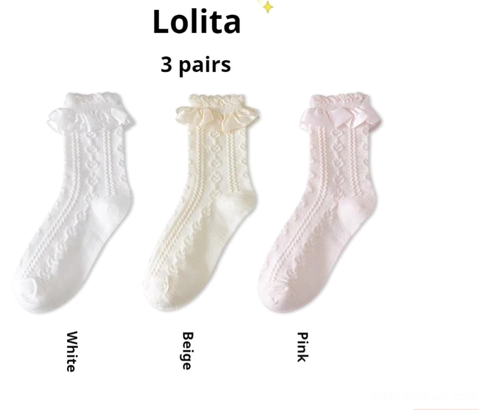 Three-pair Sweet Lolita mid-calf socks set in white beige pink colors with twisted knit texture and ruffled ankle cuffs product display