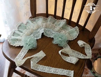 mint green lolita ruffled collar lace accessory with matching flower decorations and long adjustable lace tie straps