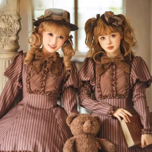 Two models wearing classic chocolate lolita fashion with matching brown bowler hats, fluffy bow neckties, vintage blouses and twin hairstyles in retro European setting