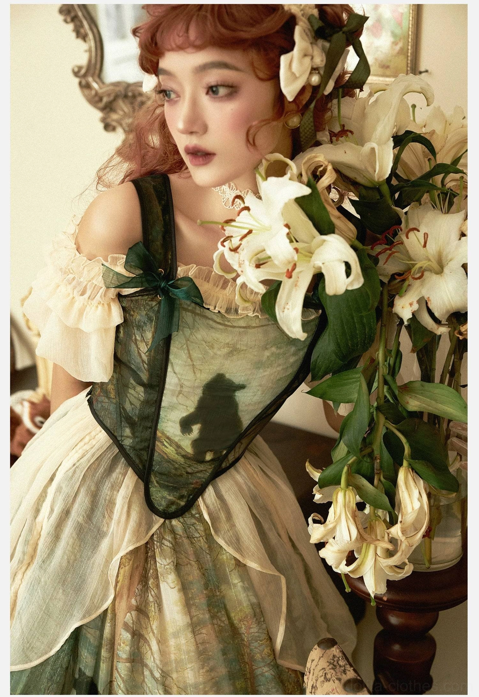 Lolita off-shoulder dress layered skirt construction ruffles flounce organza materials full shot
