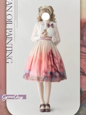 Romantic lolita skirt with forest oil painting print three-quarter front view model with vintage accessories brown leather Mary Jane shoes
