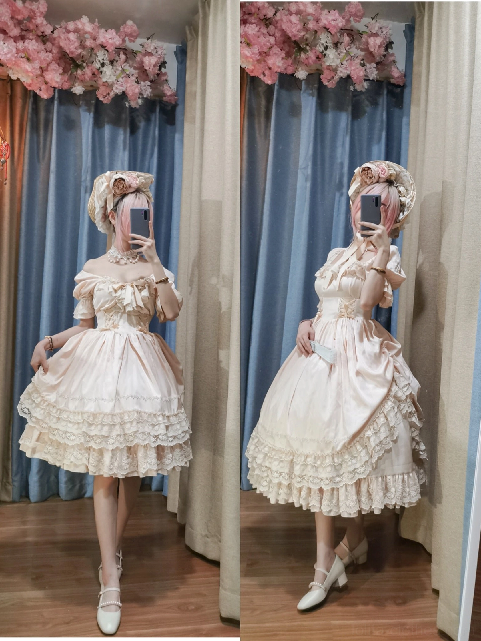 French Lolita one-piece dress back view with dramatic statement bow accent and tiered lace ruffles
