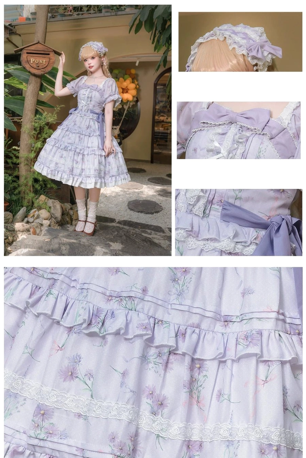 Lolita OP dress and accessories detail showcase including side-wearing view hair accessory neckline waist sash skirt ruffle close-up photos floral print ribbon details