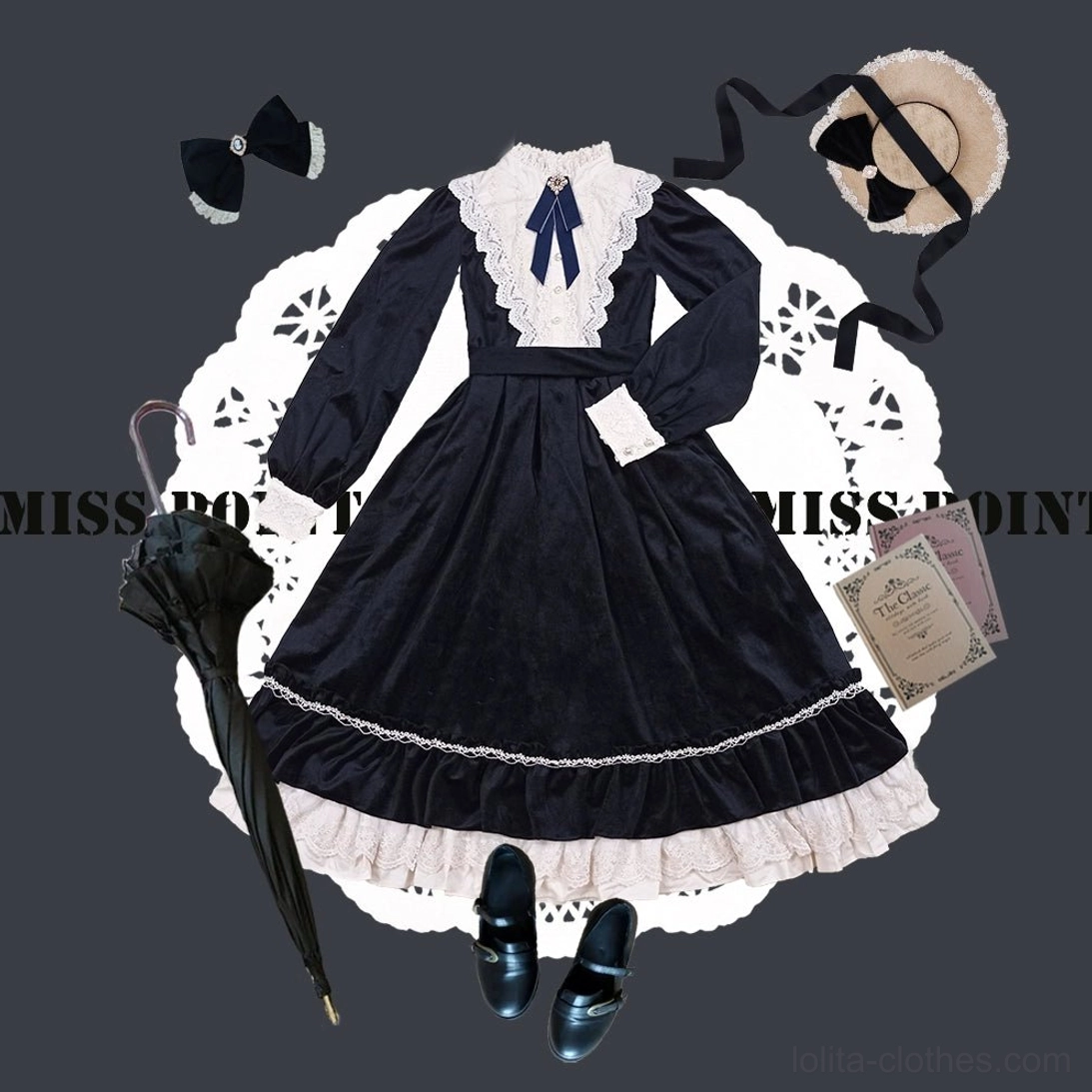 Lolita velvet op dress accessory pairing vintage handbag gloves headdress mary jane shoes styling
