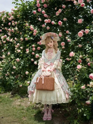 Lolita one-piece dress complete accessory set wide-brimmed hat ruffled midi skirt satin waist bow