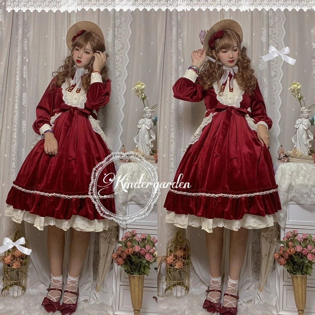 Vintage lolita one-piece dress bow tie accessory detail included bow tie neck ornament accessory coordination