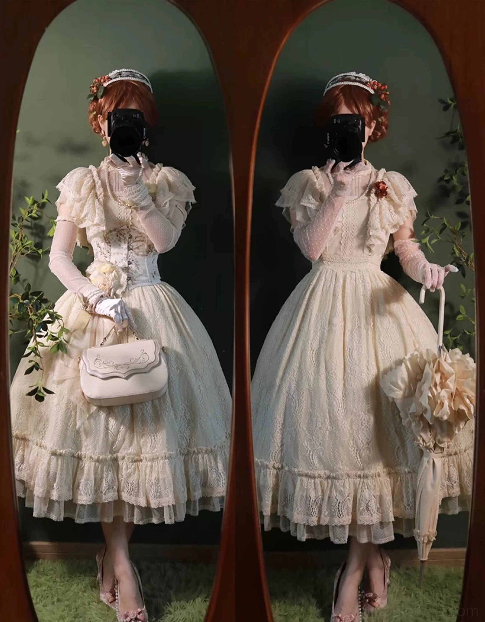 Champagne vintage Lolita OP dress showing care and styling recommendations with display of proper fold, storage, and coordinate assembly for Lolita fashion enthusiasts