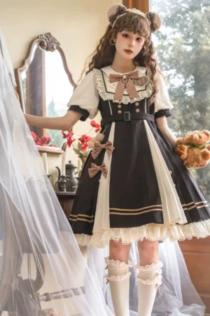 Elegant lolita OP dress three-quarter side perspective showing ruffled short sleeves neck bowknot waist buckle decoration and contrast color details