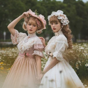 pure-color-lolita-OP-close-up-detail-pink-gradient-ivory-white-lace-dress-ruffled-hem-flower-accessories