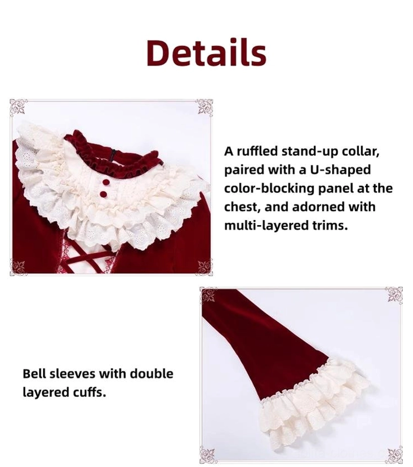 Lolita dress design details close-up ruffled stand-up collar U-shaped chest panel layered cuff bell sleeves