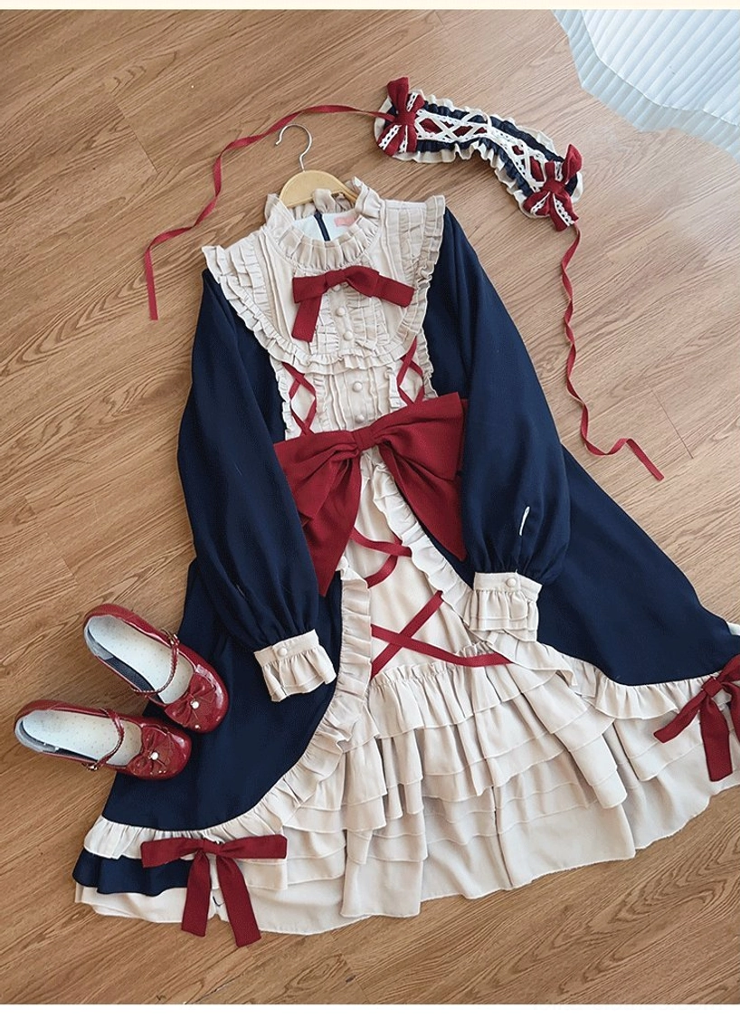 Lolita OP dress flat lay with matching accessories head bow red Mary Jane shoes navy cream red color scheme wooden floor