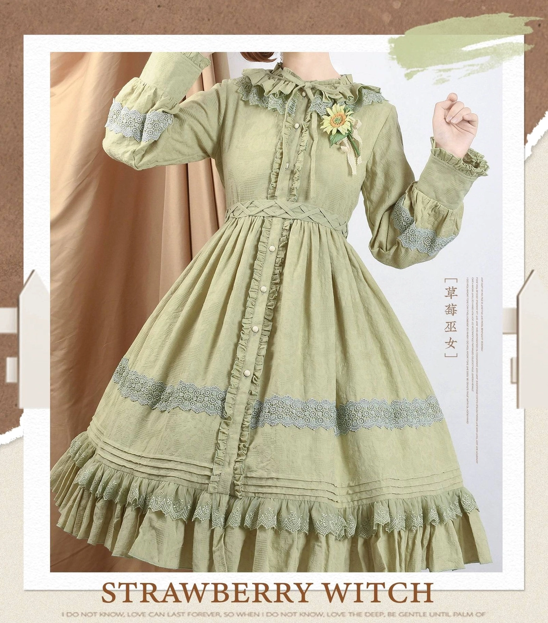 long sleeve lolita op dress construction details detachable lace collar jacquard weave cotton fabric button closure mechanisms