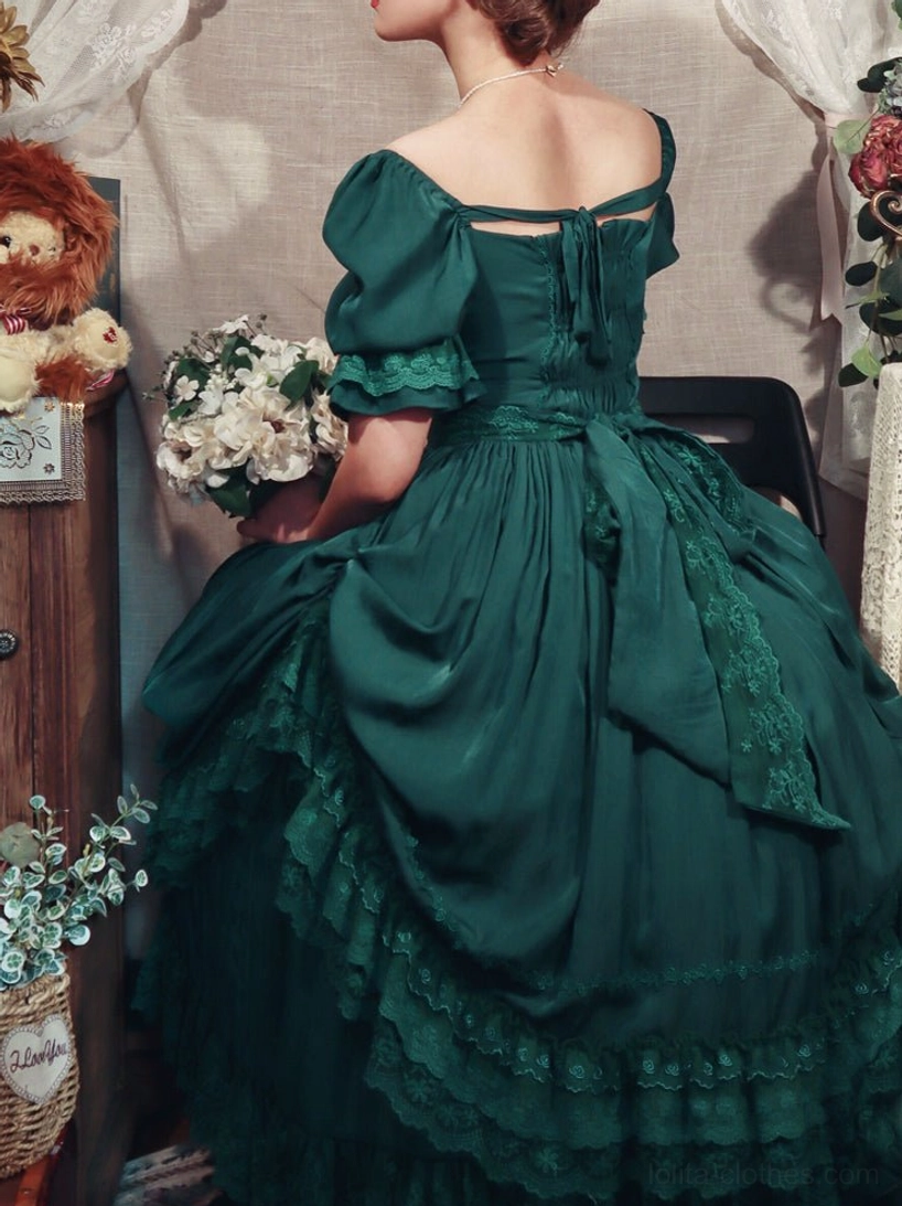 French Lolita one-piece dress featuring convertible elastic neckline for on-shoulder and off-shoulder wear options
