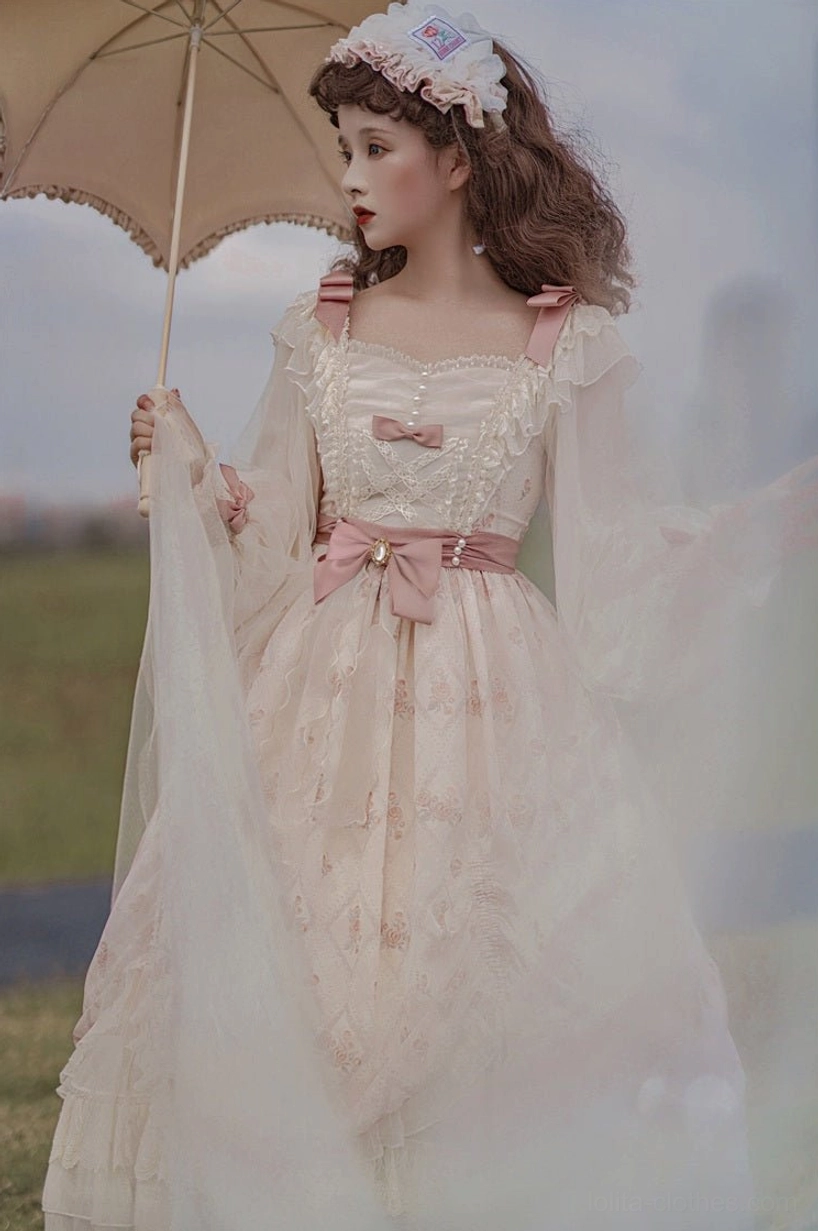 Lolita OP dress with accessories coordinate showing dress paired with floral straw hat, white stockings, outdoor styling complete look princess aesthetic