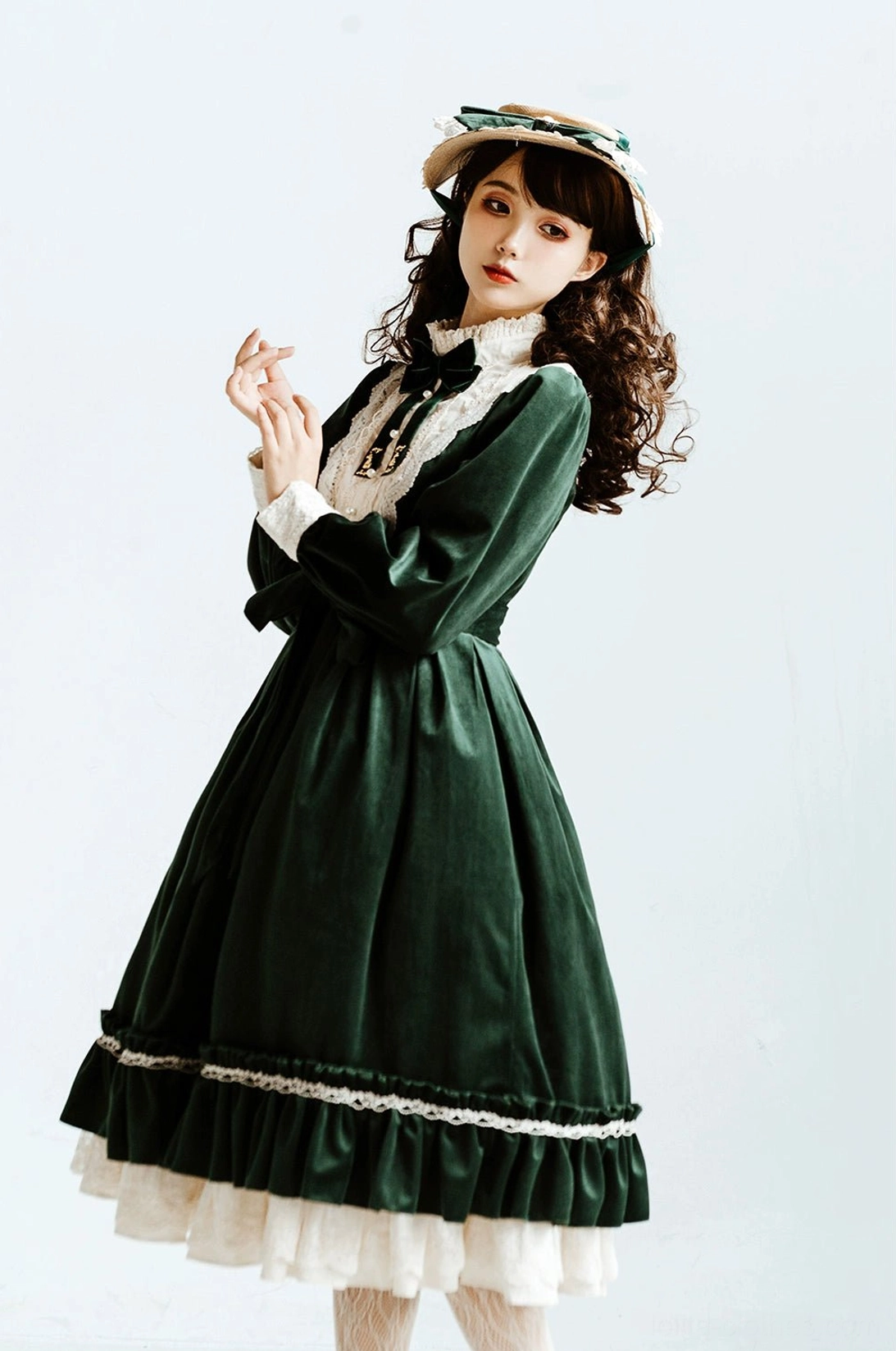Lolita op dress dark green colorway full-body front standing shot color swatch display option
