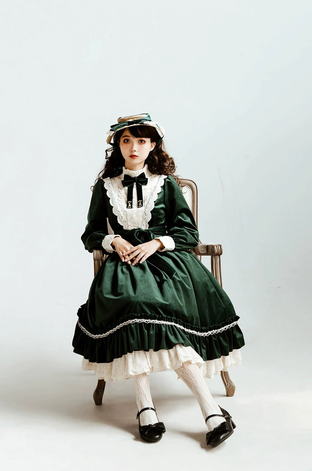 Lolita one-piece dress dark green color option side profile view full-body shot color detail display