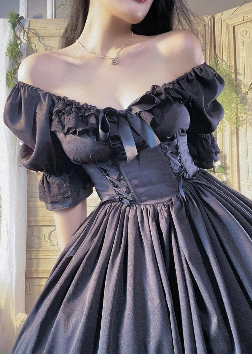 French Lolita one-piece dress detail shot showing multi-layer lace ruffles and intricate hem design in burgundy color