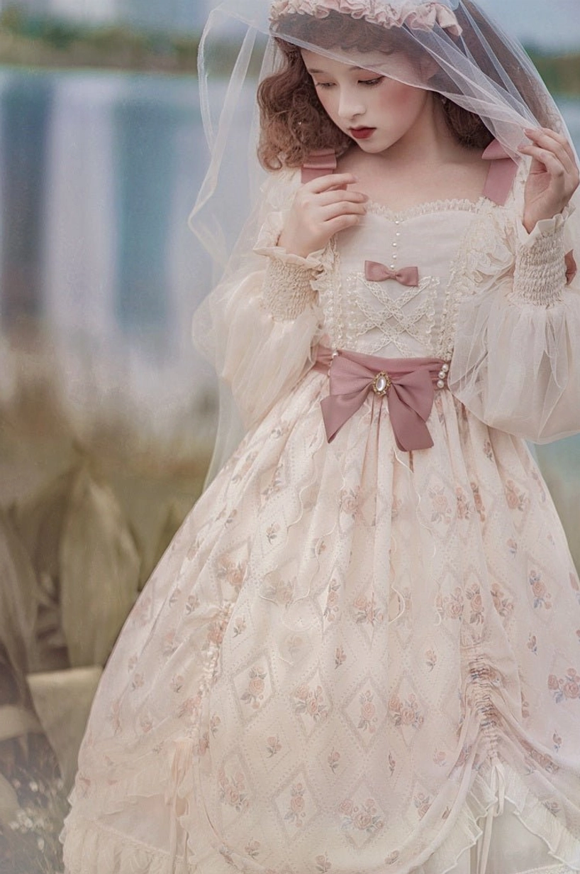 Princess lolita OP dress fabric texture close-up showing 100D chiffon main fabric, Swiss mesh sleeve construction, silk crepe accent details, premium textile quality