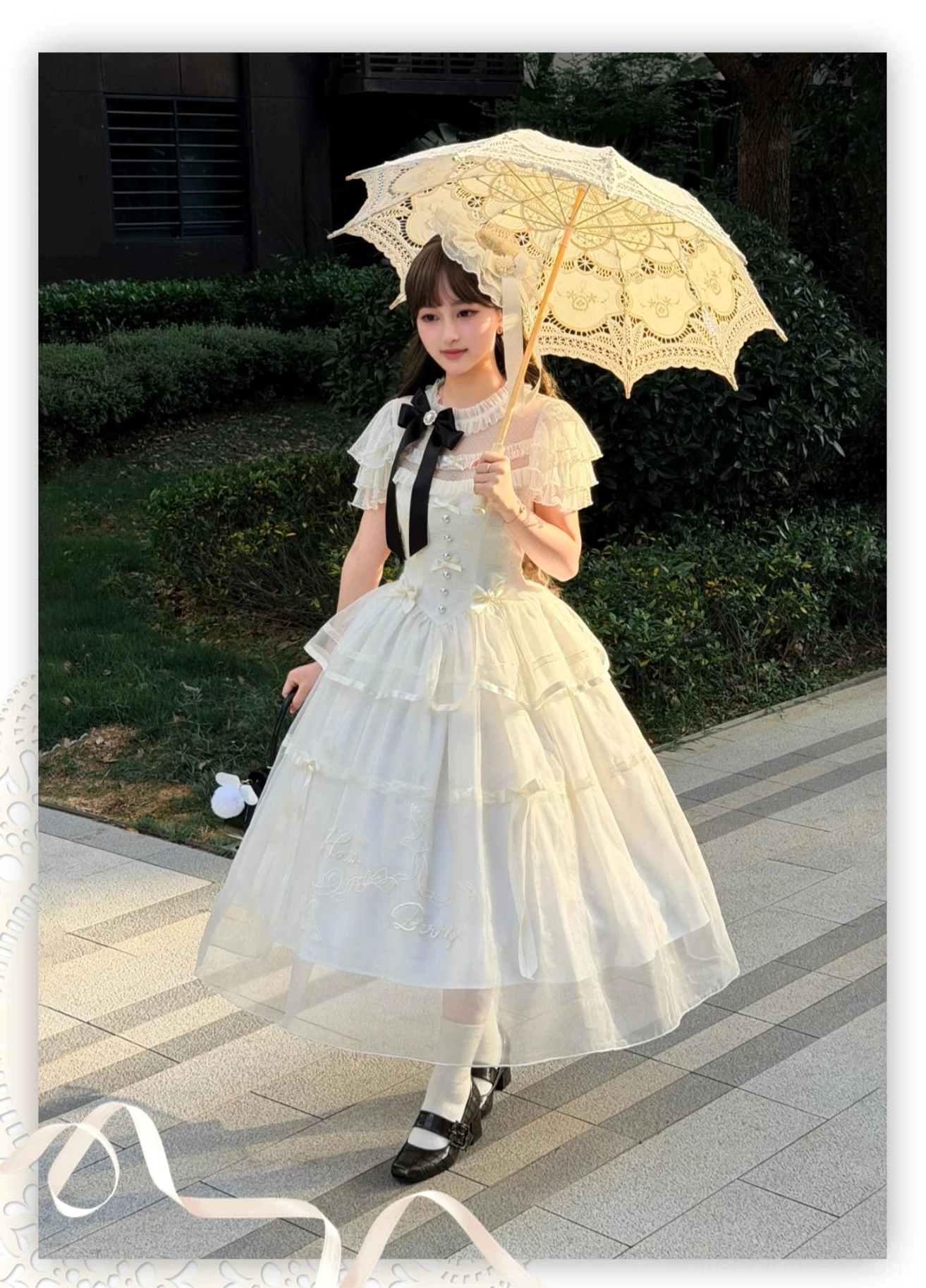 Classic lolita OP dress three-tier flutter sleeve detail showing ruffled construction and how sleeves flatter neckline and upper arm proportion