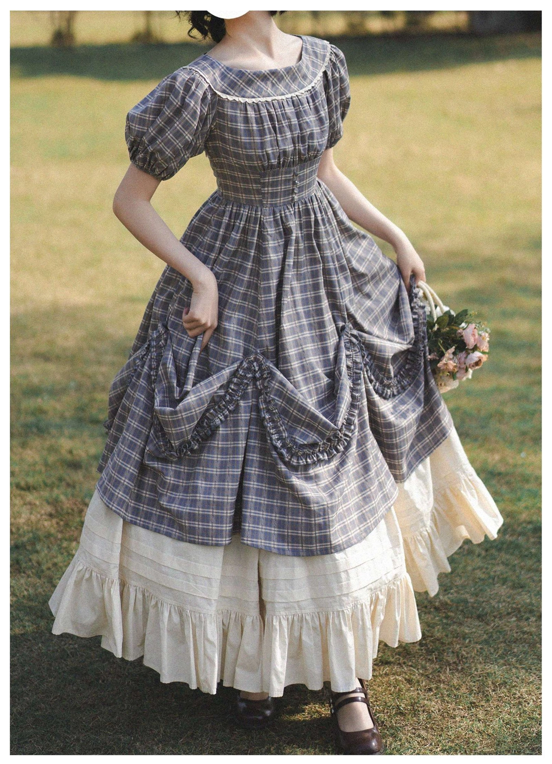 Lolita OP dress fabric swatch showing plaid pattern color tone texture of polyester viscose blend