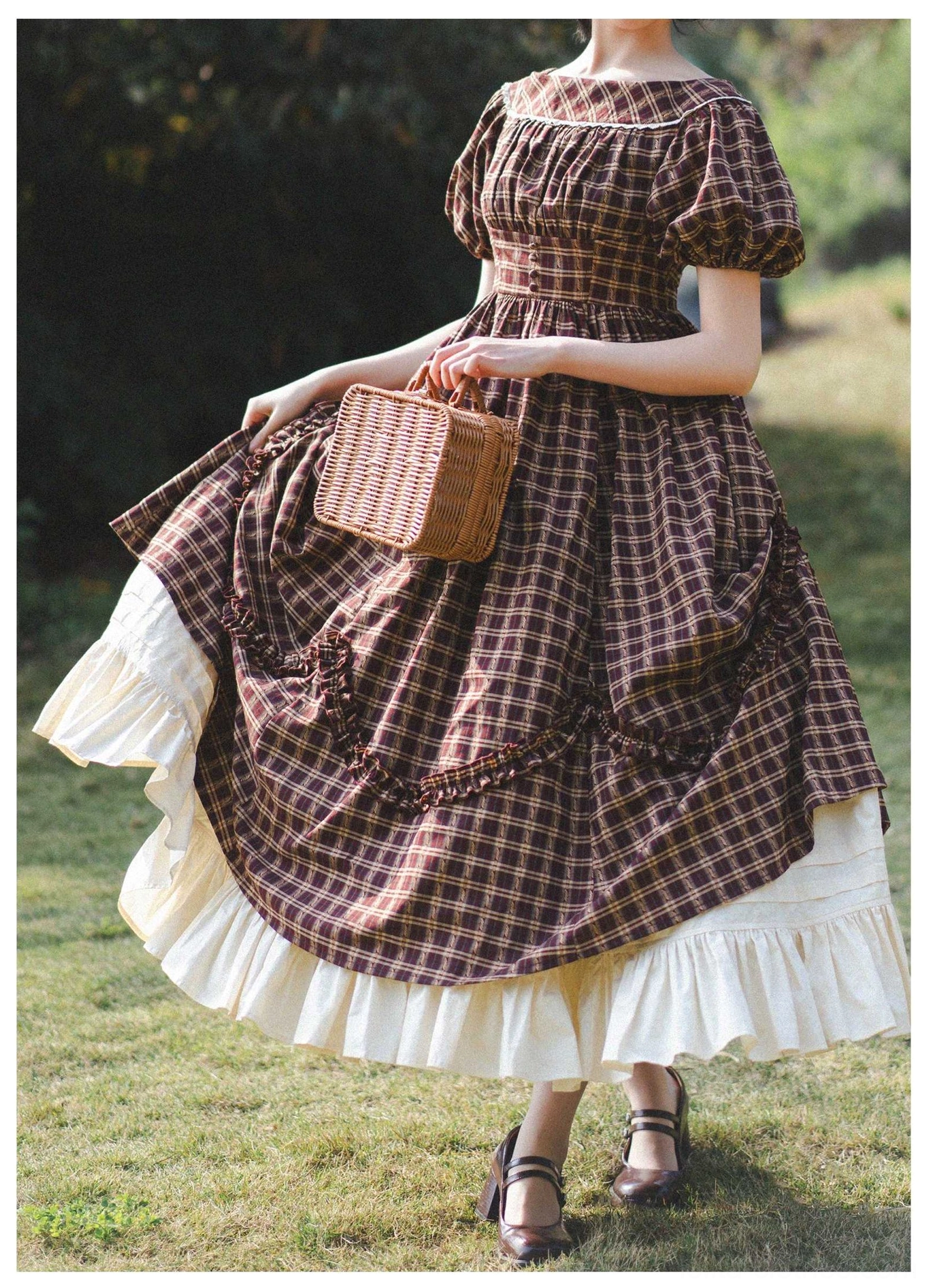 Plaid Lolita OP dress flat lay photography showing overall proportions pattern alignment detail
