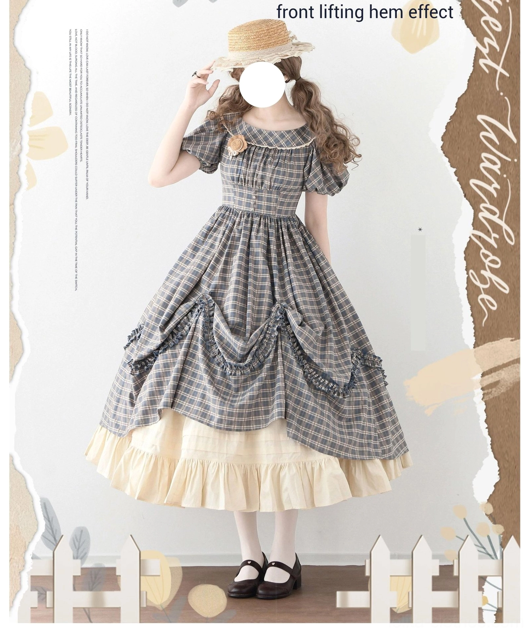 Plaid Lolita OP dress side three-quarter view with front lifting hem design layered with cream white petticoat straw boater hat and Mary Jane shoes