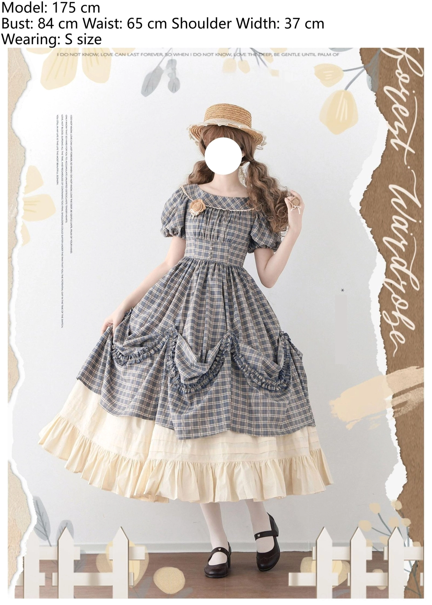 Forest Picnic plaid Lolita OP dress side back three-quarter view worn by model size S with straw boater hat and black Mary Jane shoes in countryside studio