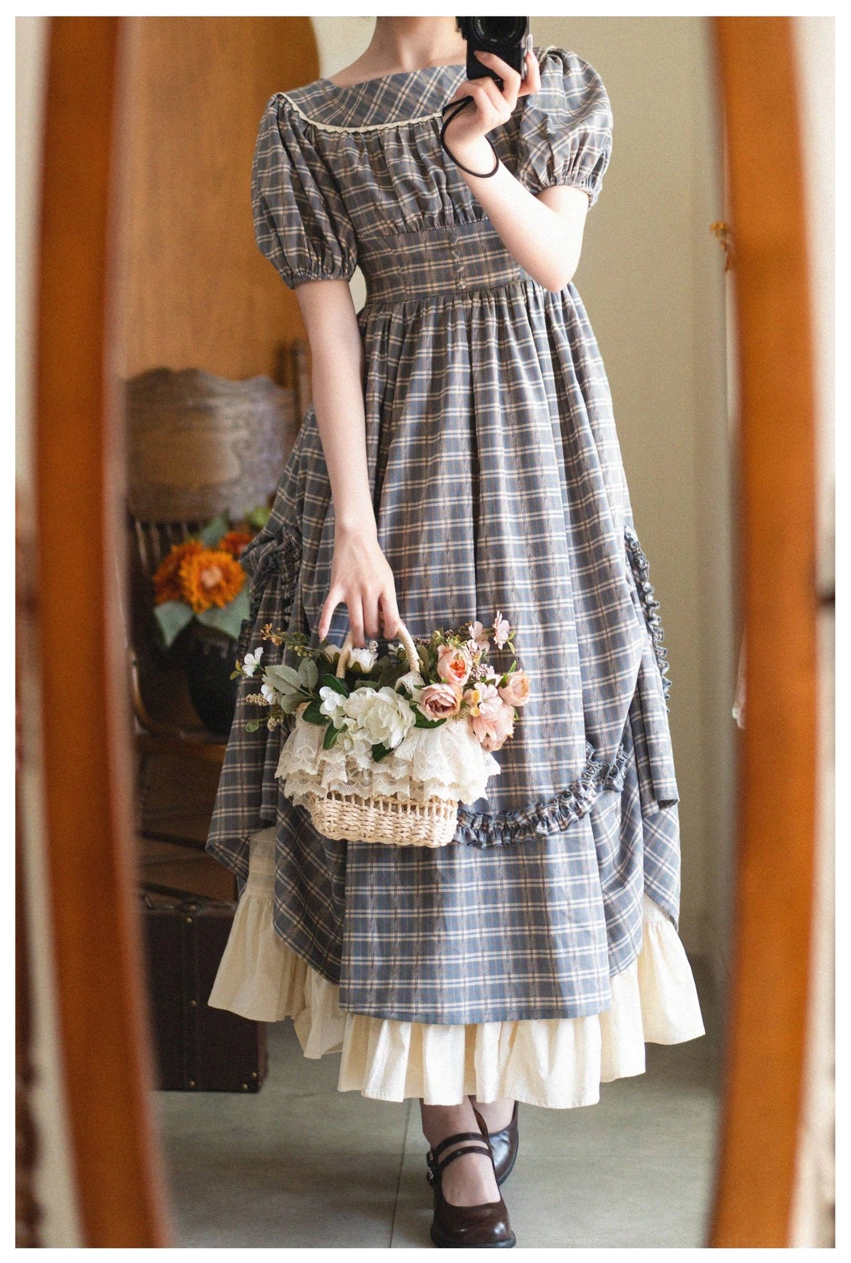 Forest Picnic Lolita OP dress worn in outdoor photo session showing dress movement and flow