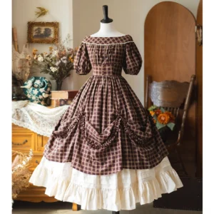 Off-shoulder plaid Lolita OP dress with layered white ruffled petticoat hem and draped skirt front details on dress mannequin